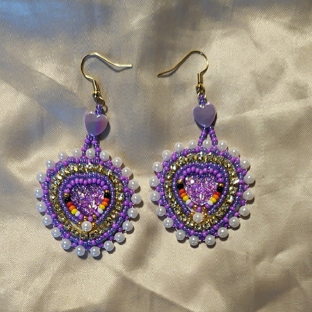Purple Beaded Heart Drop Earrings